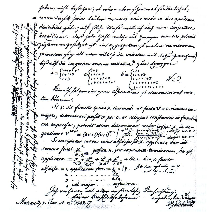 Goldbach's letter to Euler (source: Wikipedia)